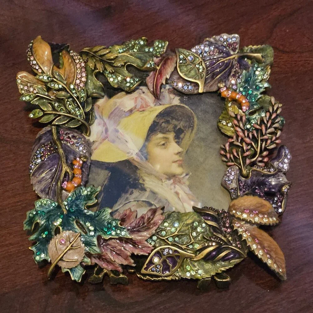 RARE JAY STRONGWATER SPRING SUMMER FLOWER LEAF CRYSTAL ENAMEL SQUARE FRAME